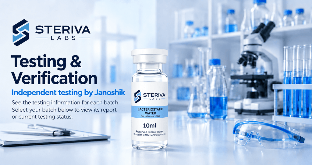 Steriva Labs bacteriostatic water testing and verification, showing a labelled vial in a laboratory